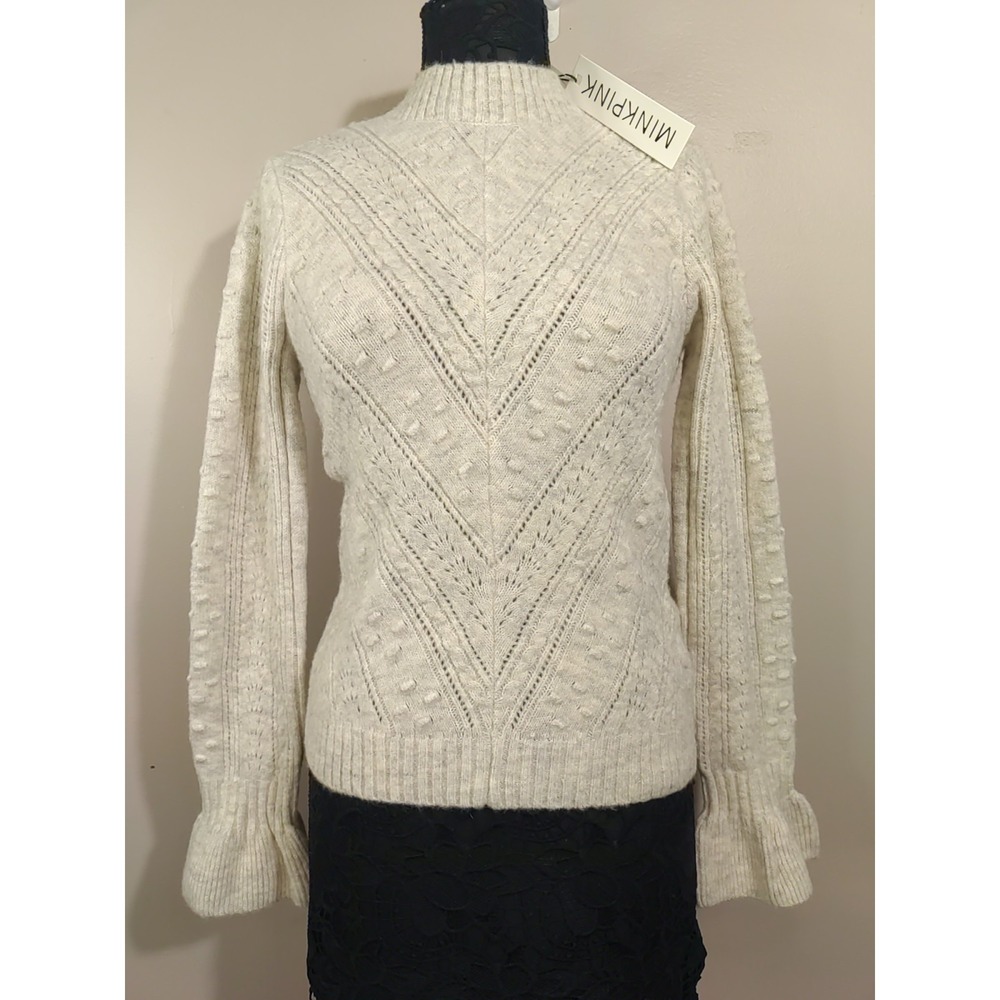 Minkpink Women Sadie Cream Grey undertone Bell Sleeve Open Knit Sweater‎ Size S